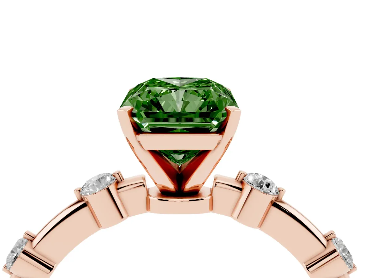 Fancy Green Radiant Cut Solitaire Diamond Ring with Bezel Set Side Stones and Prong Setting Rose gold