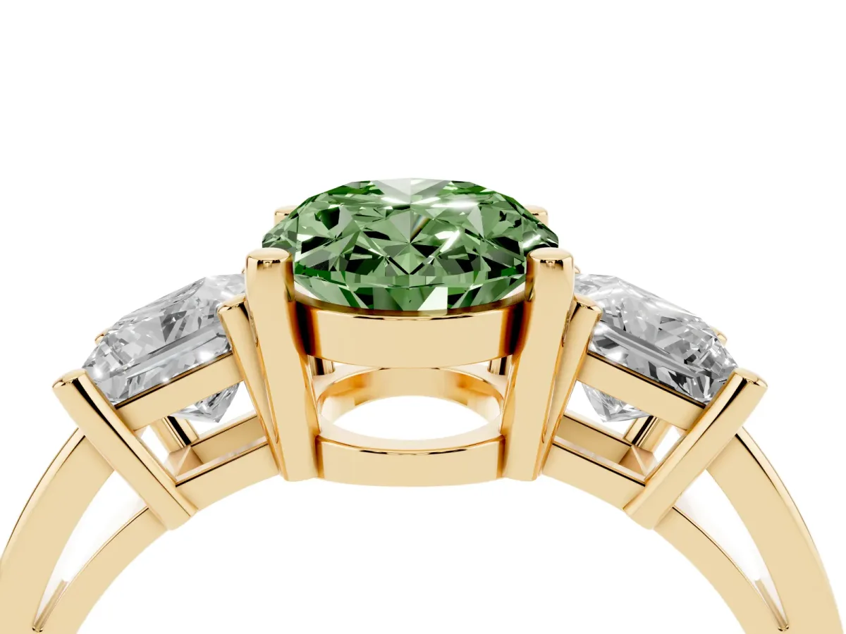 Fancy Green Three-Stone Oval Cut Cut Solitaire Ring with Prong Setting Yellow gold