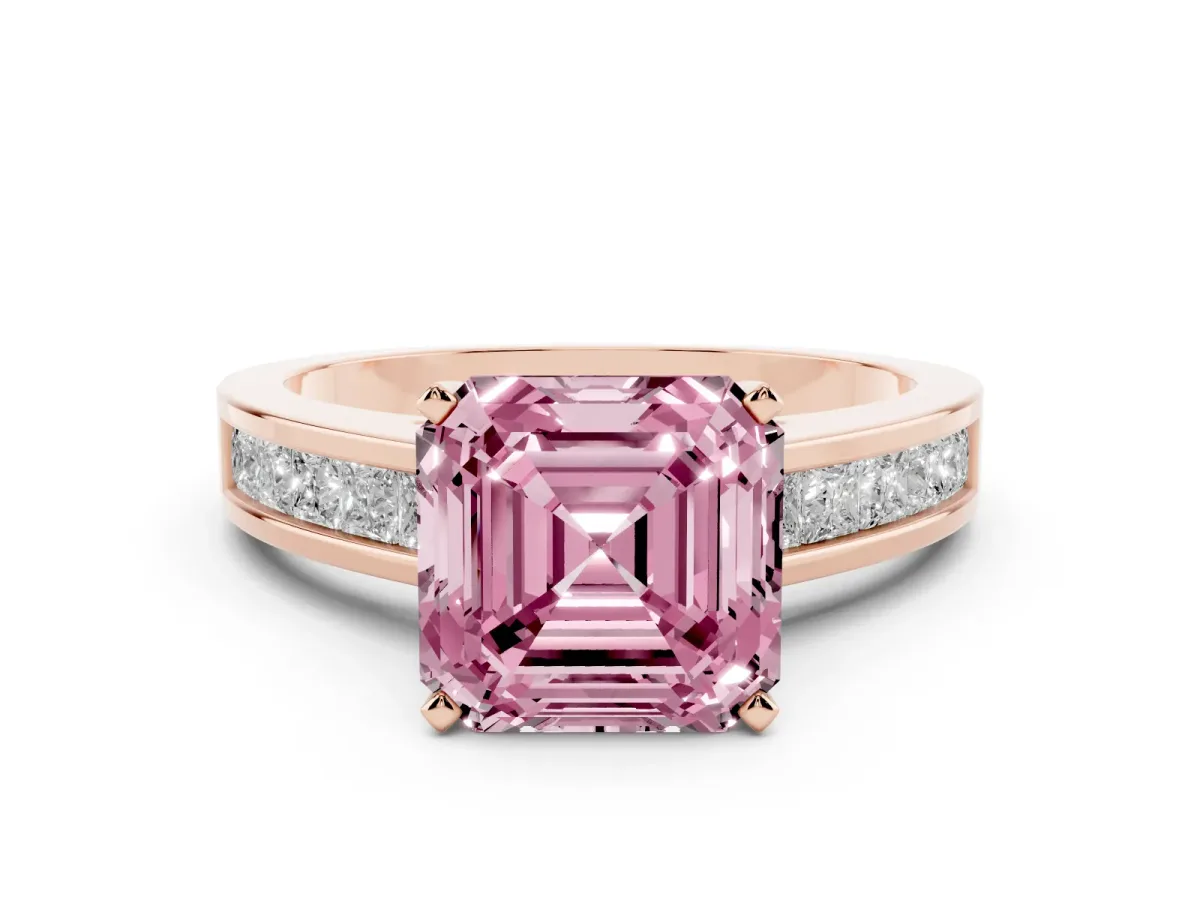 Fancy Pink Asscher Cut Solitaire Diamond Ring with Channel-Set Band and Four-Prong Setting Rose gold