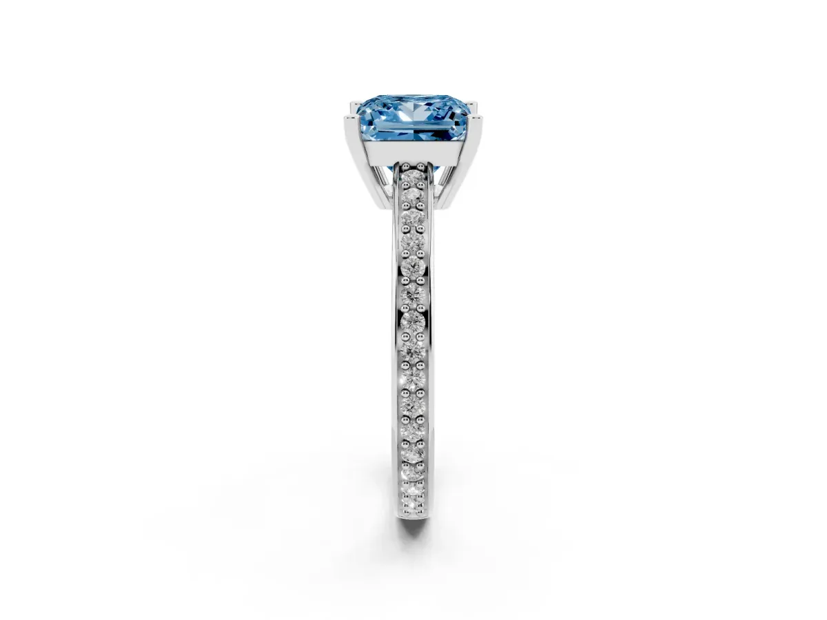 Fancy Blue Princess Cut Solitaire Pavé Band Prong Setting Ring Silver