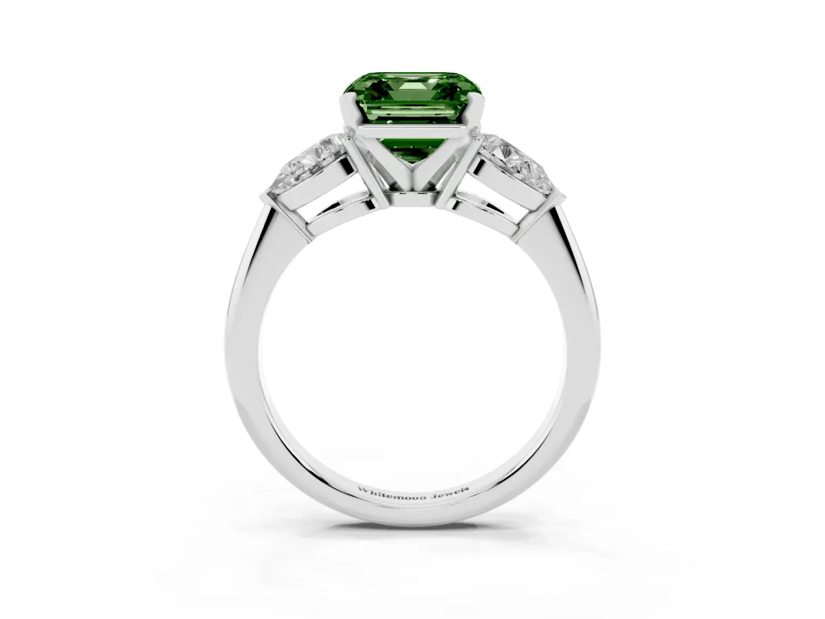 Fancy Green Three-Stone Asscher Cut Diamond Ring with Pear Side Stones and Four-Prong Setting Silver