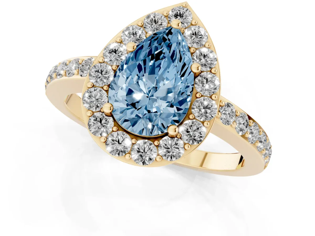 Fancy Blue Pear Cut Halo Diamond Pavé Band Ring with Prong Setting Yellow gold