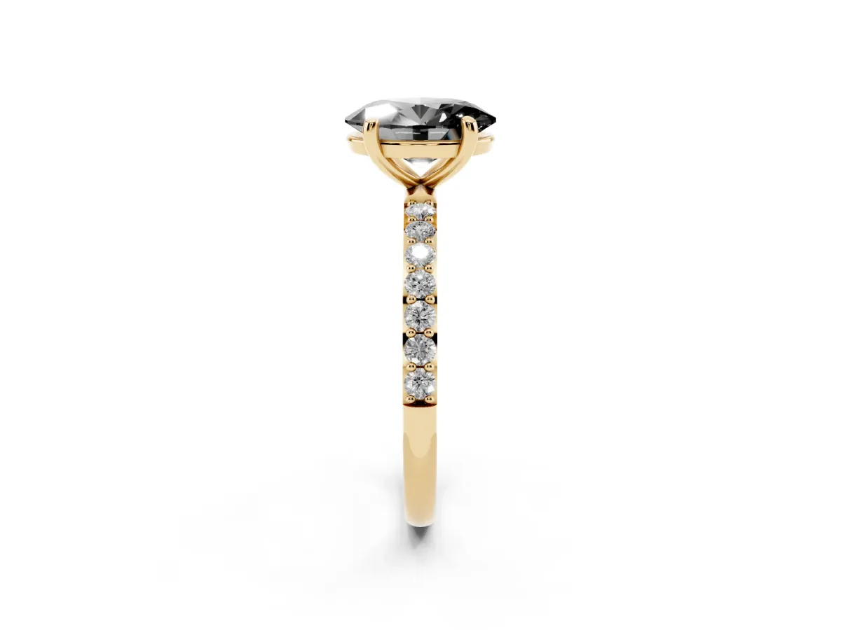 Fancy Black Oval Cut Diamond Solitaire Ring with Round Pavé Band and Prong Setting Yellow gold