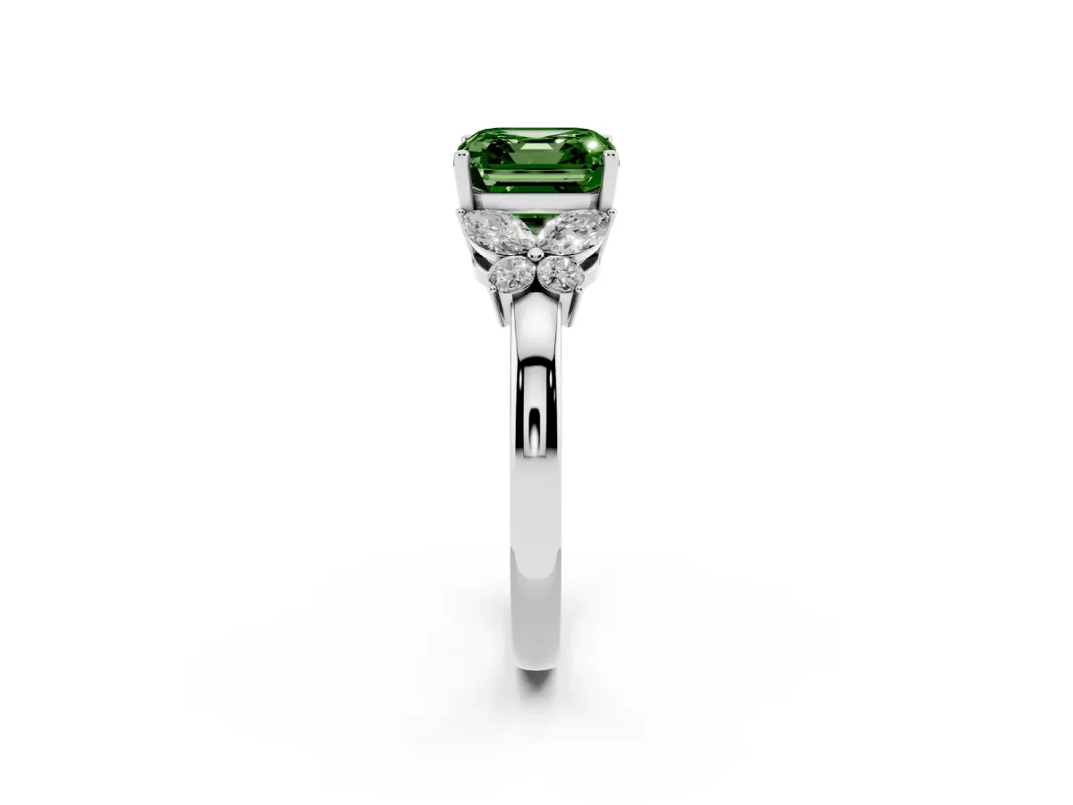 Fancy Green Asscher Cut Cut Solitaire Floral Diamond Ring with Four-Prong Setting Silver