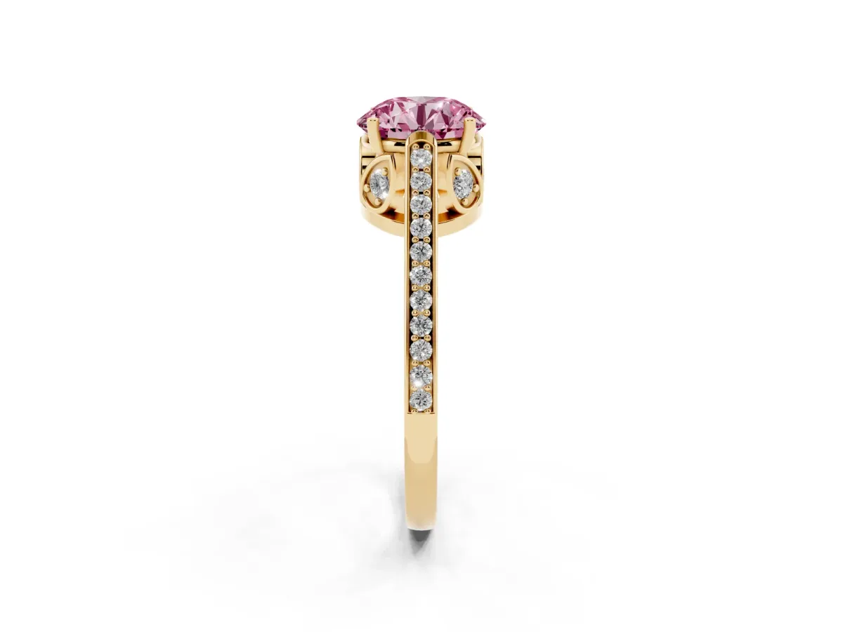 Fancy Pink Round Cut Cut Cathedral Pave Diamond Engagement Ring with Six-Prong Setting Yellow gold