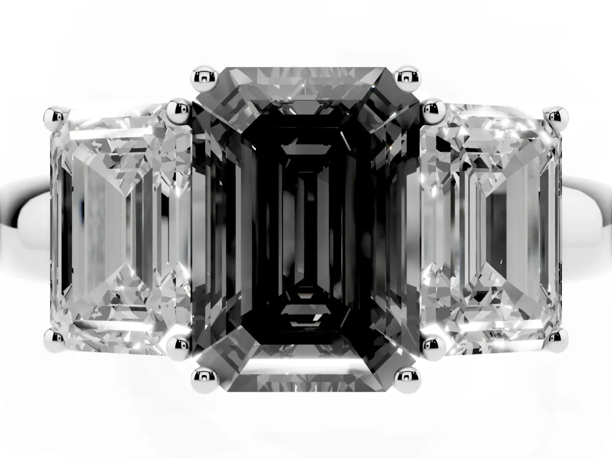 Fancy Black Emerald Cut Diamond Three-Stone Ring with Four-Prong Setting and Classic Band Silver