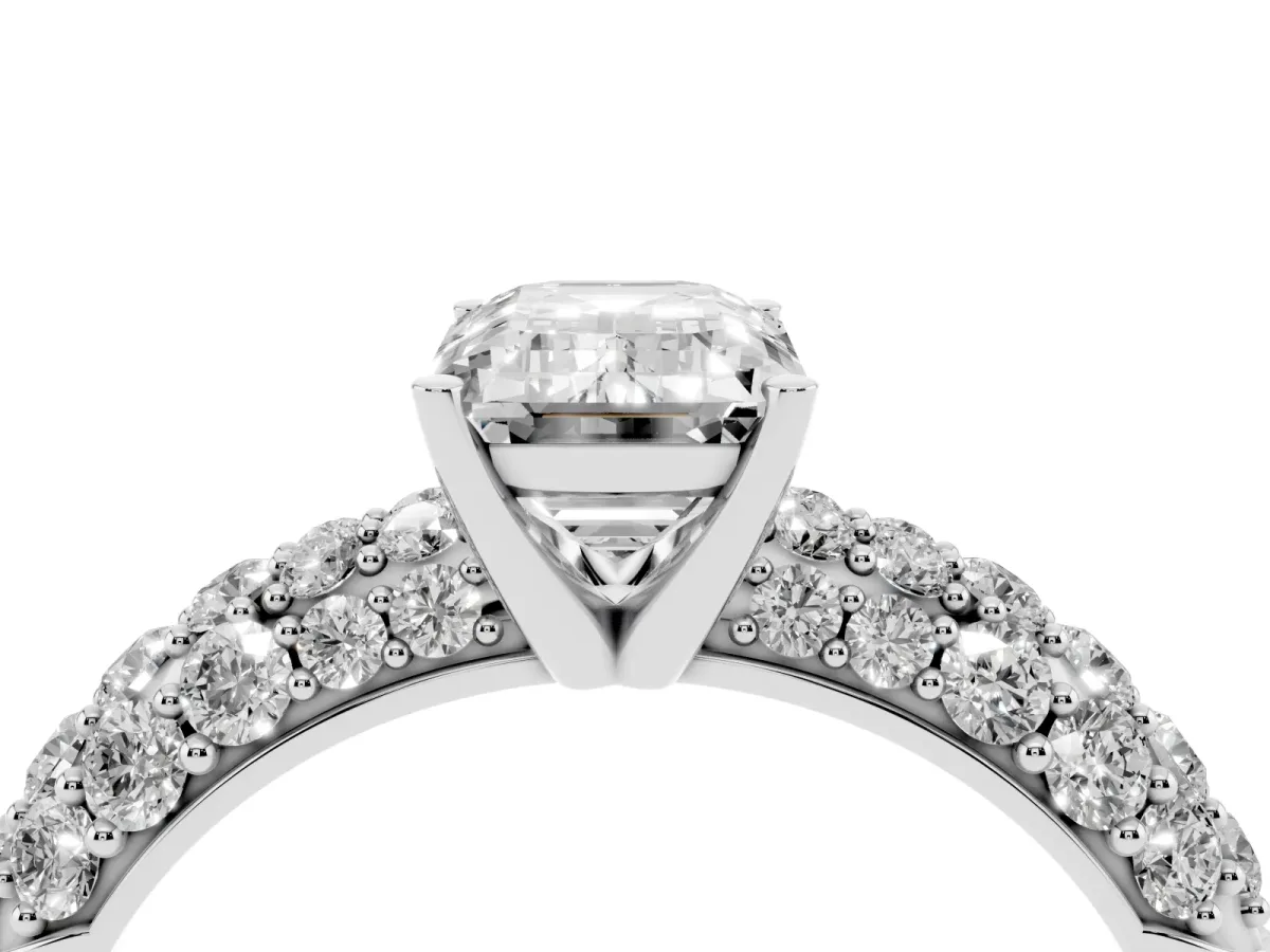Emerald Cut Diamond Pavé Band Solitaire Ring with Four-Prong Setting Silver