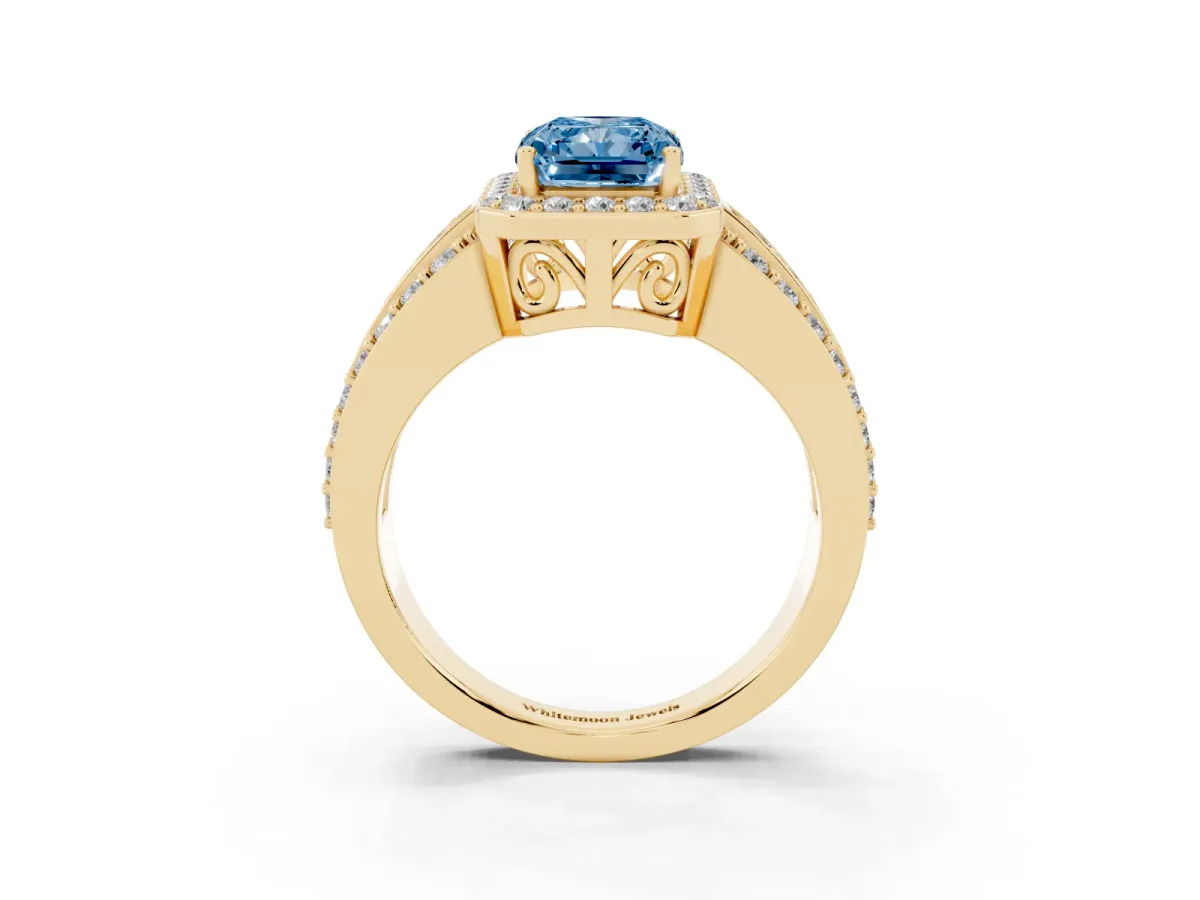 Fancy Blue Radiant Cut Halo Diamond Ring with Round Split Shank and Prong Setting Yellow gold