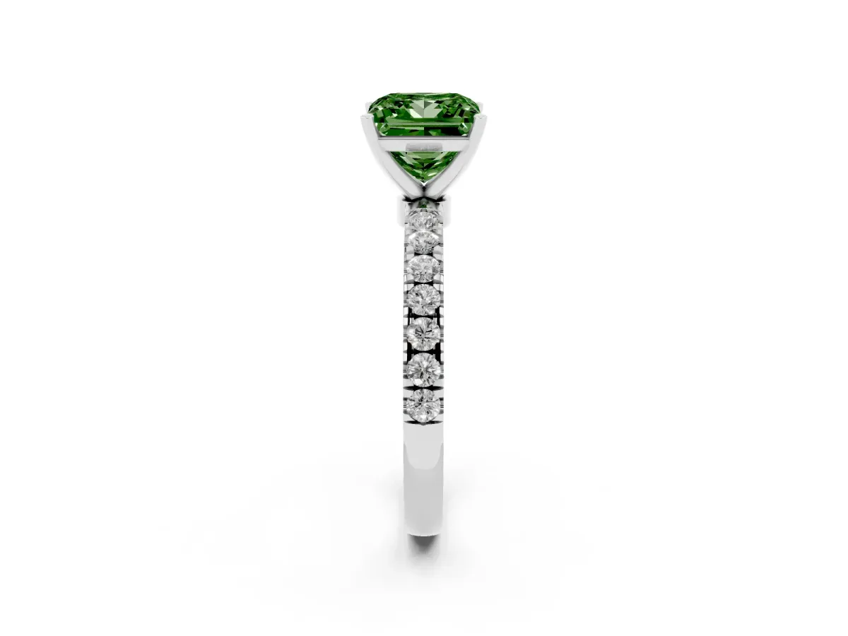 Fancy Green Princess Cut Diamond Solitaire Ring with Pavé Accents and Four-Prong Setting Platinum