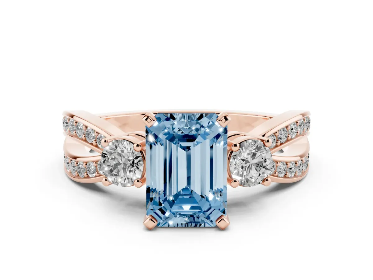 Fancy Blue Three-Stone Emerald Cut Cut Diamond Twist Band with Prong Setting Rose gold