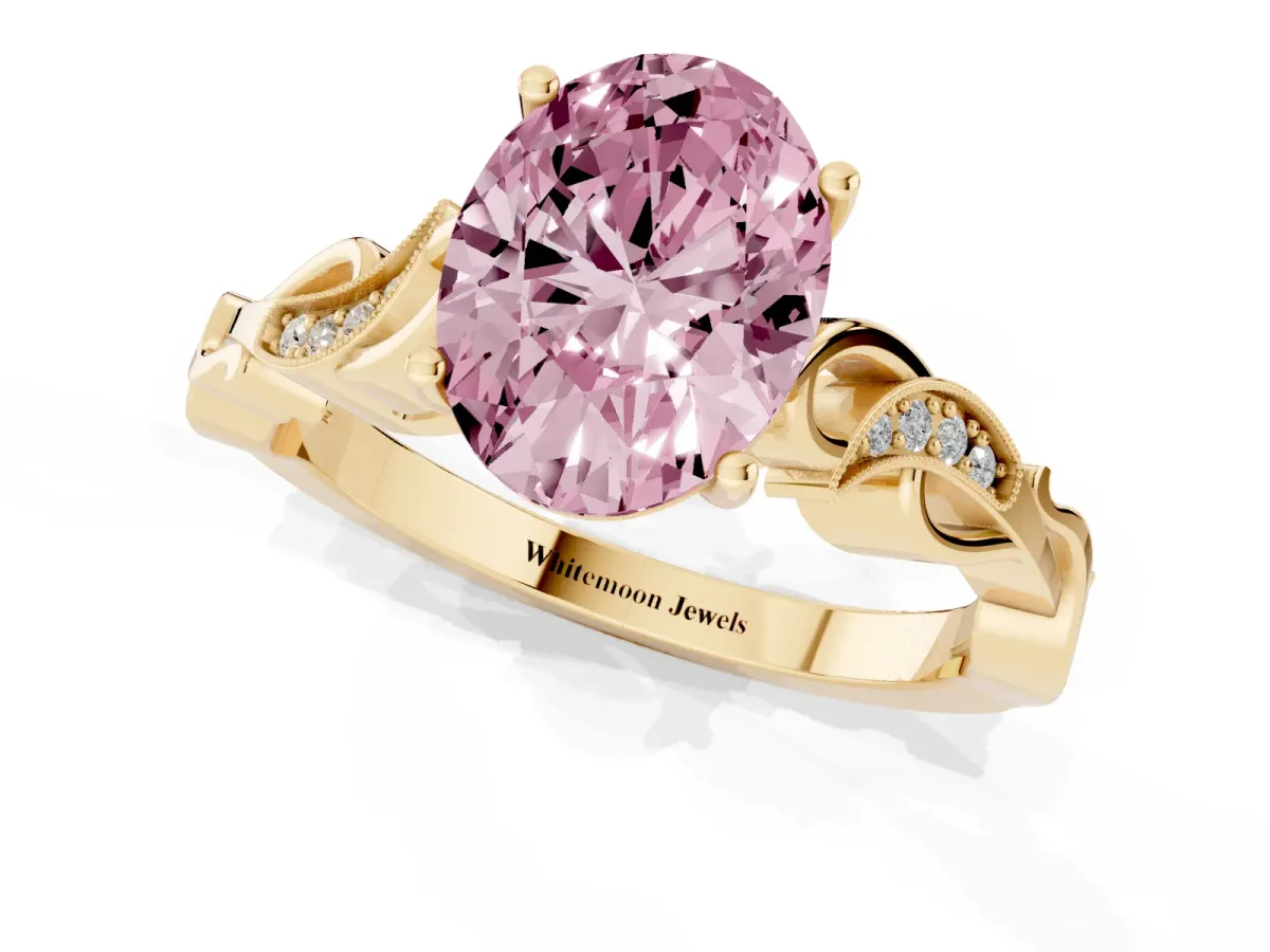 Fancy Pink Oval Cut Solitaire Vine Band with Milgrain Prong Setting Yellow gold