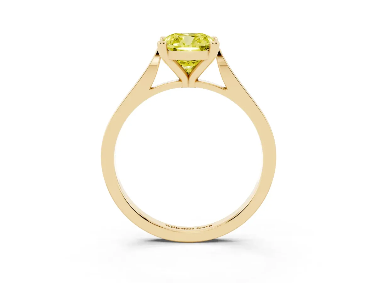 Fancy Yellow Cushion Cut Solitaire Diamond Ring with Four-Prong Setting and Tapered Band Yellow gold