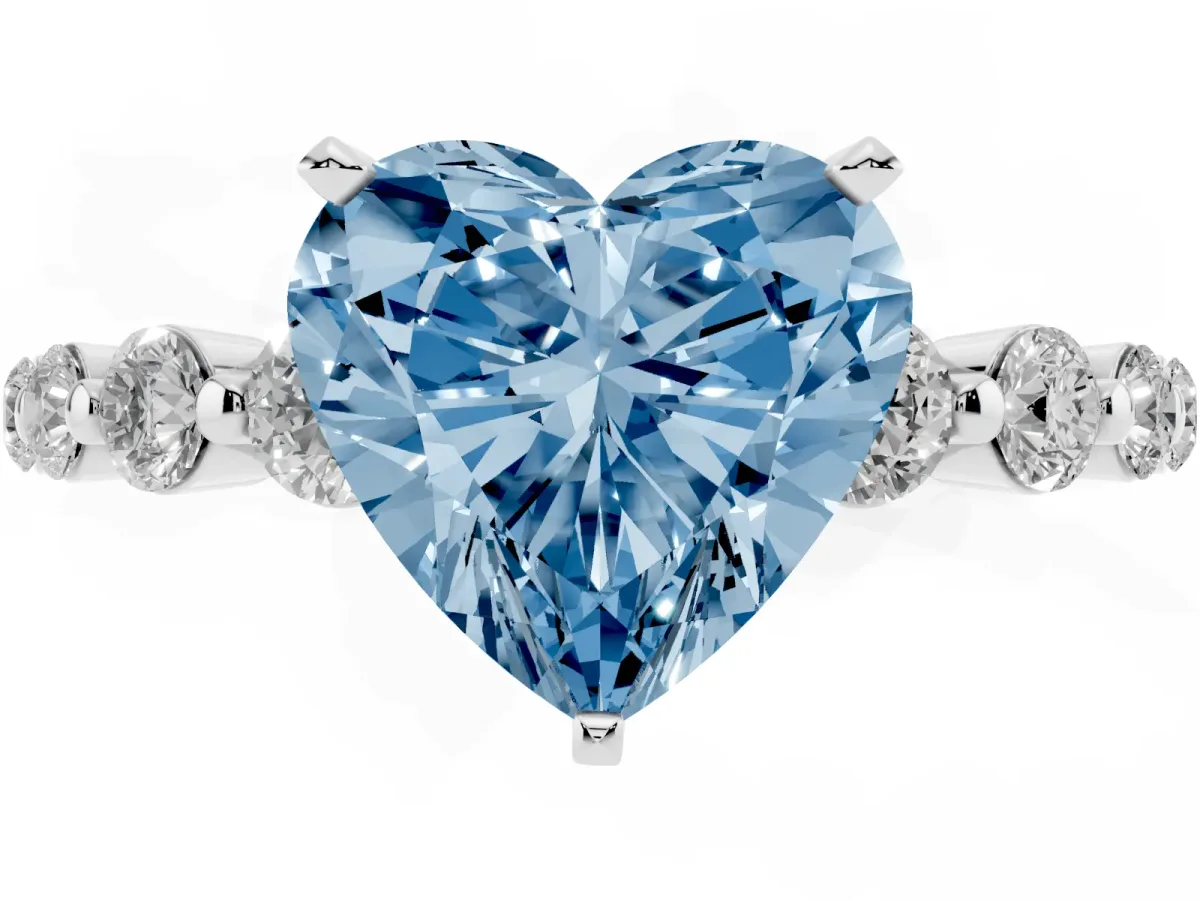 Fancy Blue Heart Cut Solitaire Diamond Ring with Pave Band and Four-Prong Setting Silver