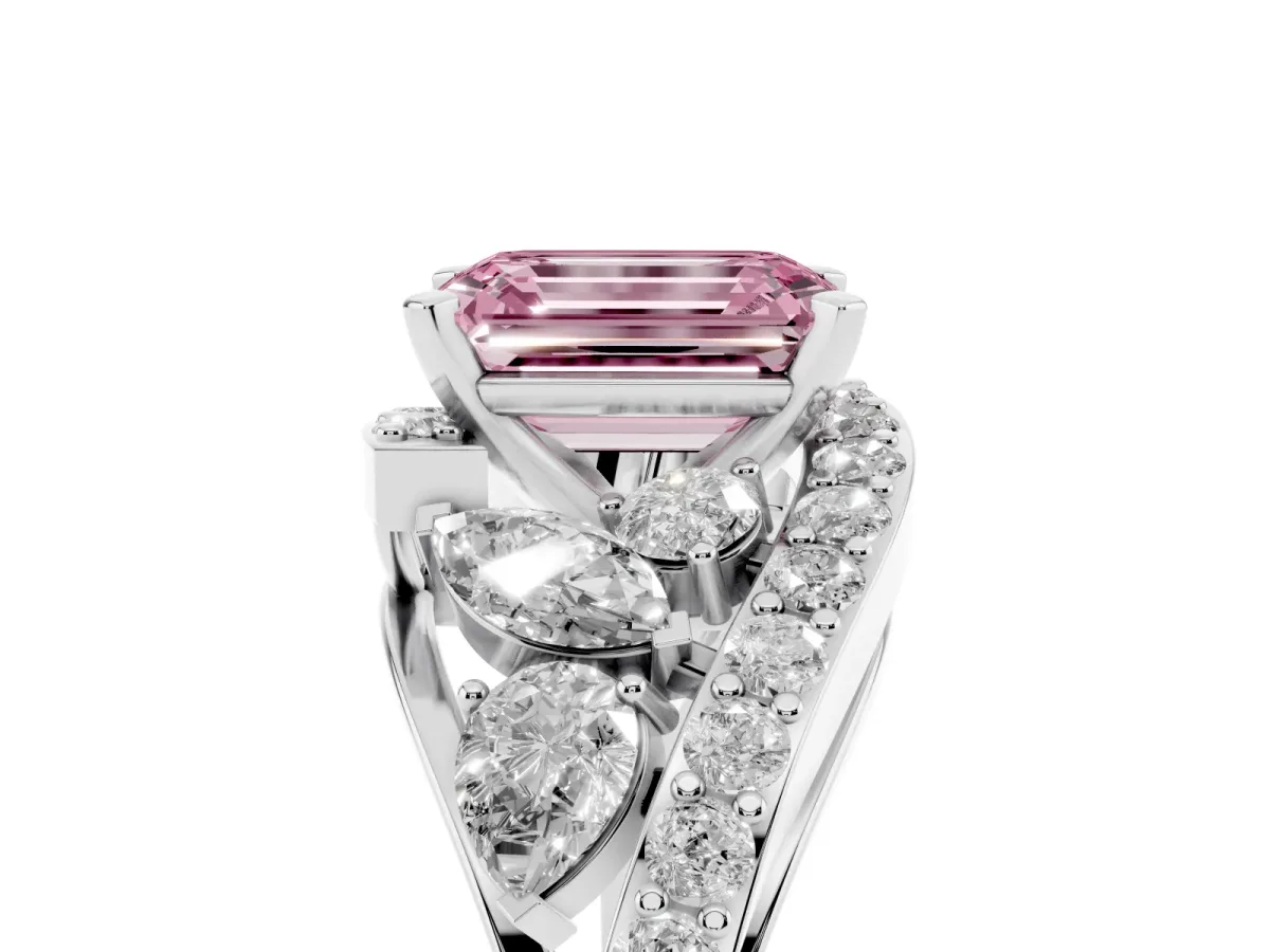 Fancy Pink Emerald Cut Diamond Halo Ring with Marquise and Pavé Band in Prong Setting Platinum