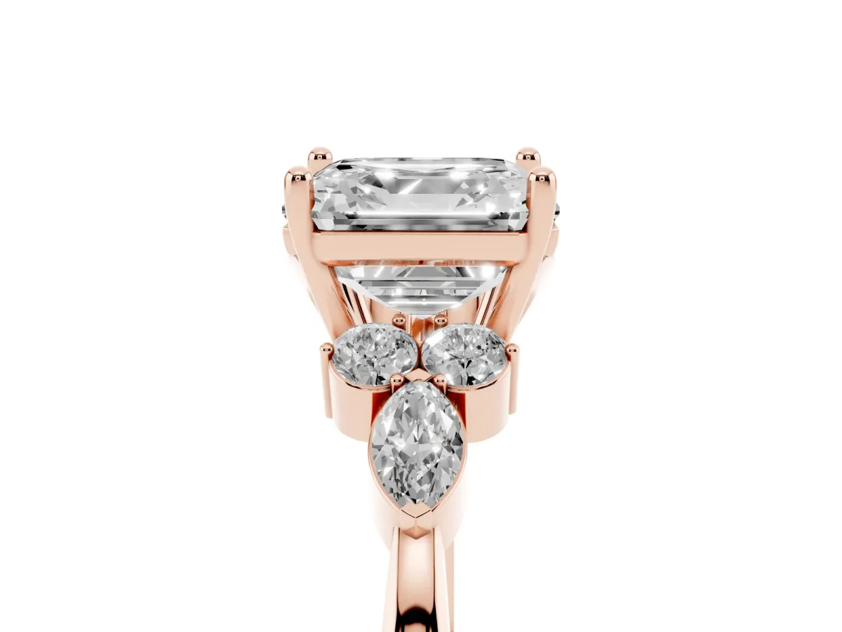 Asscher Cut Brilliant Diamond Solitaire Ring with Pear Side Stones and Four-Prong Setting Rose gold