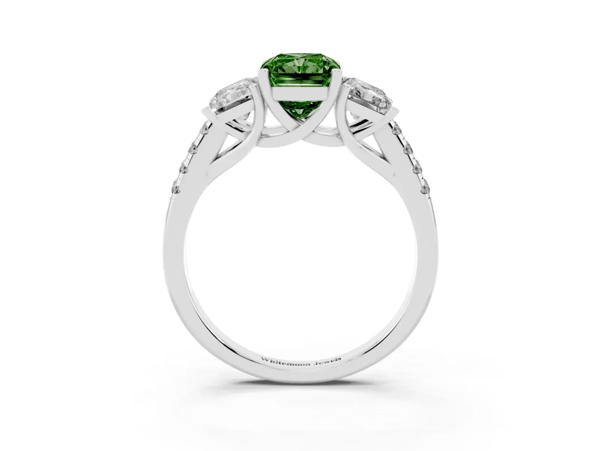 Fancy Green Three-Stone Radiant Cut Diamond Ring with Round Pavé Band and Prong Setting Platinum