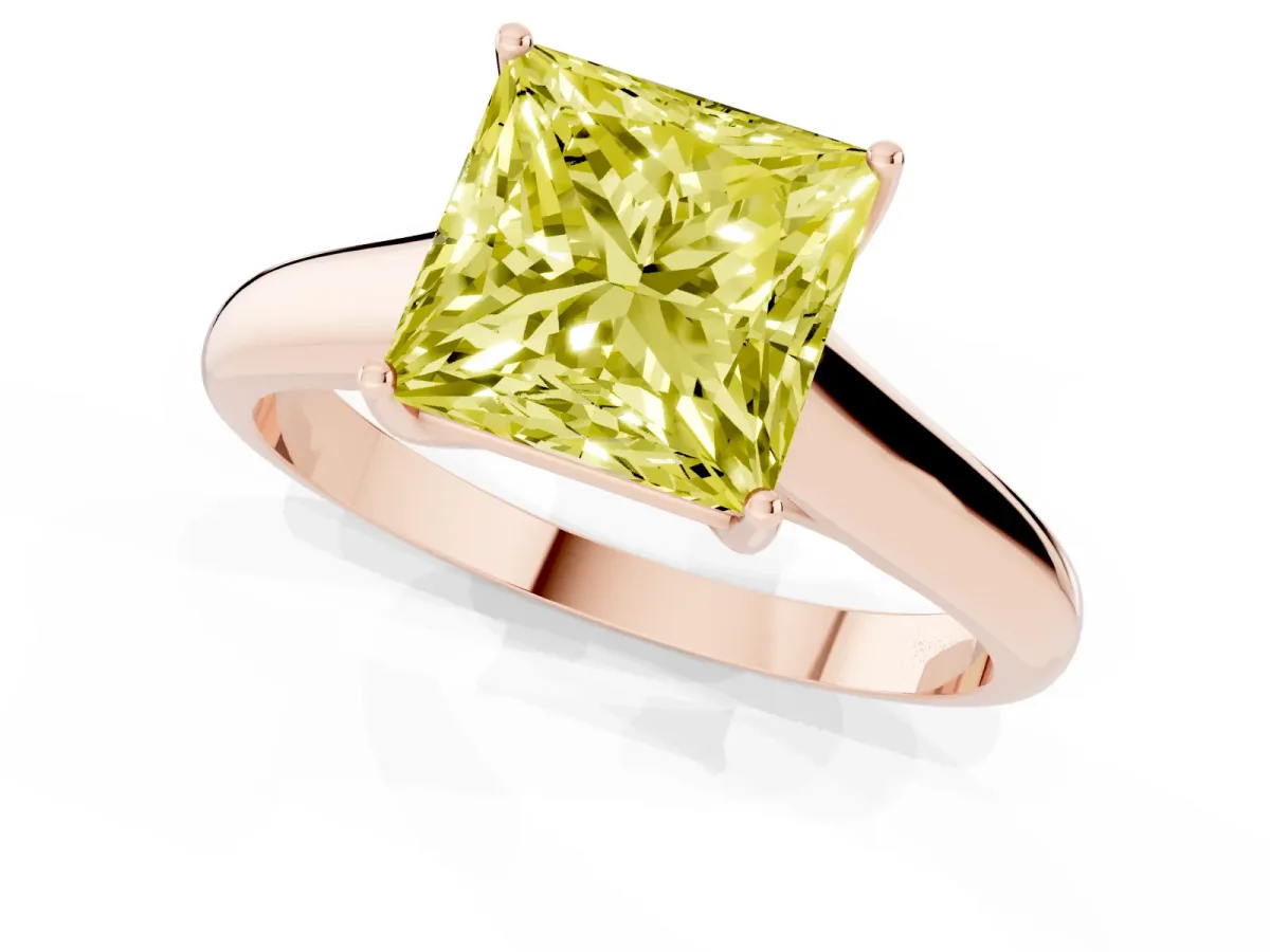 Fancy Yellow Princess Cut Solitaire Engagement Ring with Tapered Band and Four-Prong Setting Rose gold