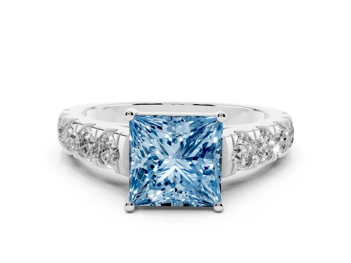 Fancy Blue Princess Cut Cut Diamond Solitaire Ring with Micro Pave Band and Prong Setting Silver