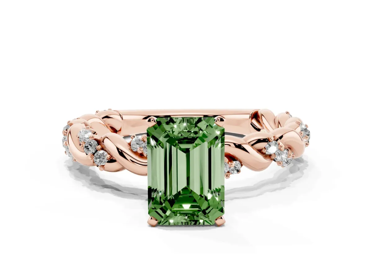 Fancy Green Emerald Cut Diamond Solitaire Ring with Twisted Band and Pavé Accents Rose gold