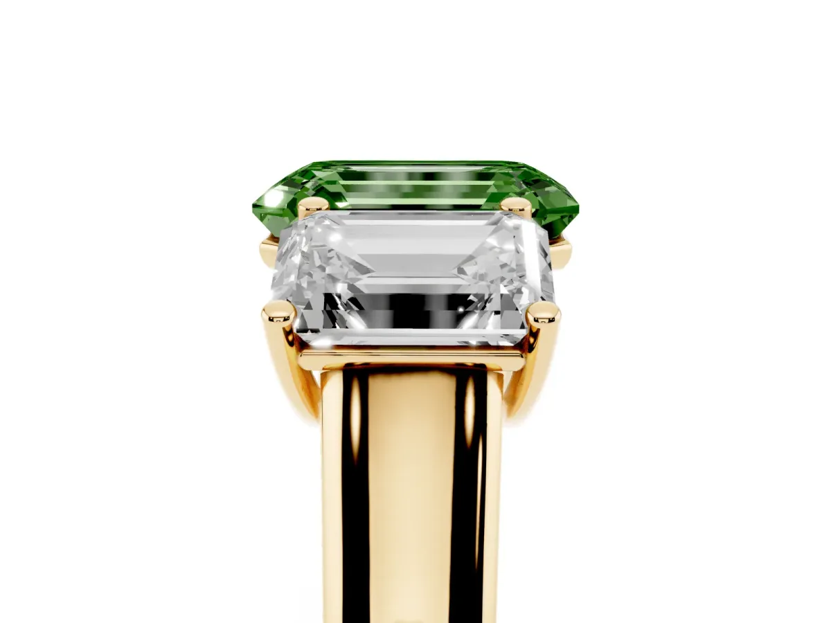 Fancy Green Emerald Cut Three-Stone Diamond Ring with Prong Setting on a Classic Band Yellow gold