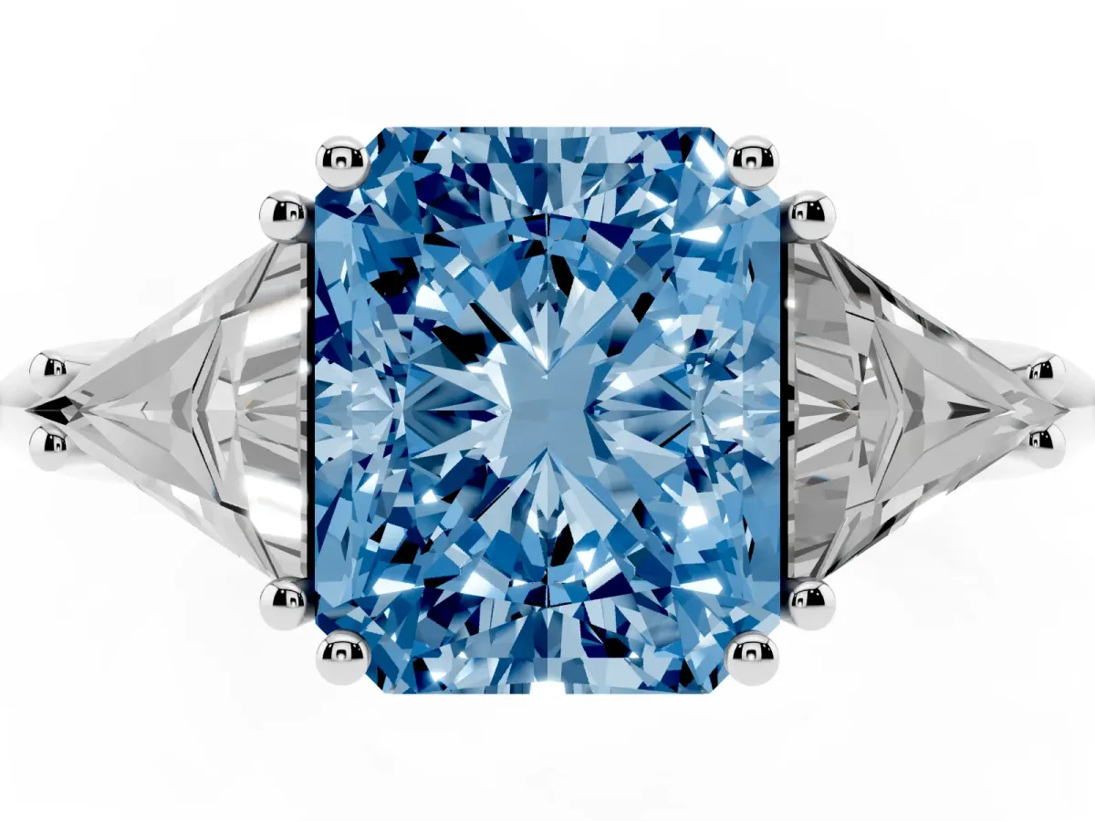 Fancy Blue Three-Stone Radiant Cut Diamond Engagement Ring with Trillion Side Stones and Prong Setting Silver