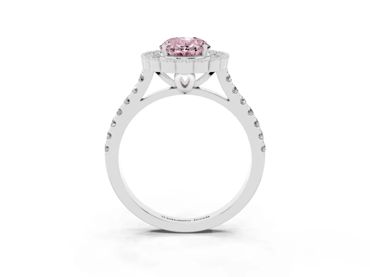 Fancy Pink Oval Cut Cut Diamond Milgrain Floral Halo Engagement Ring with Pavé Band Silver