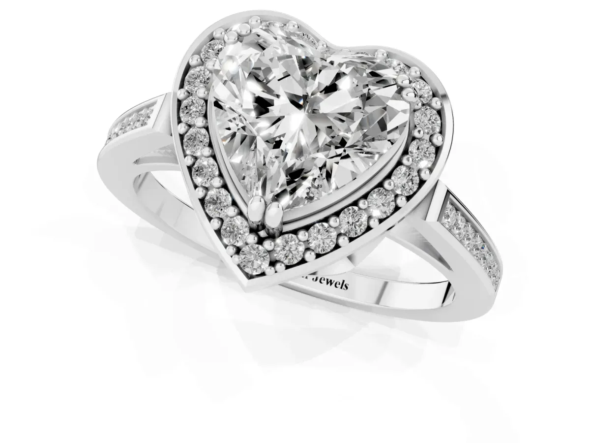 Heart Cut Diamond Halo Ring with Split Shank and Four-Prong Setting Silver