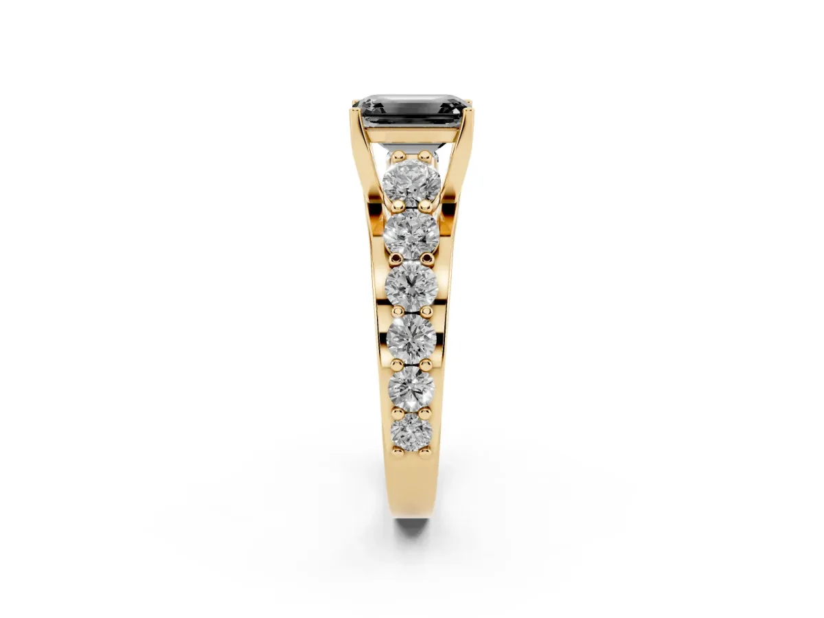 Fancy Black Emerald Cut Diamond Engagement Ring with Pavé Band and Four-Prong Setting Yellow gold