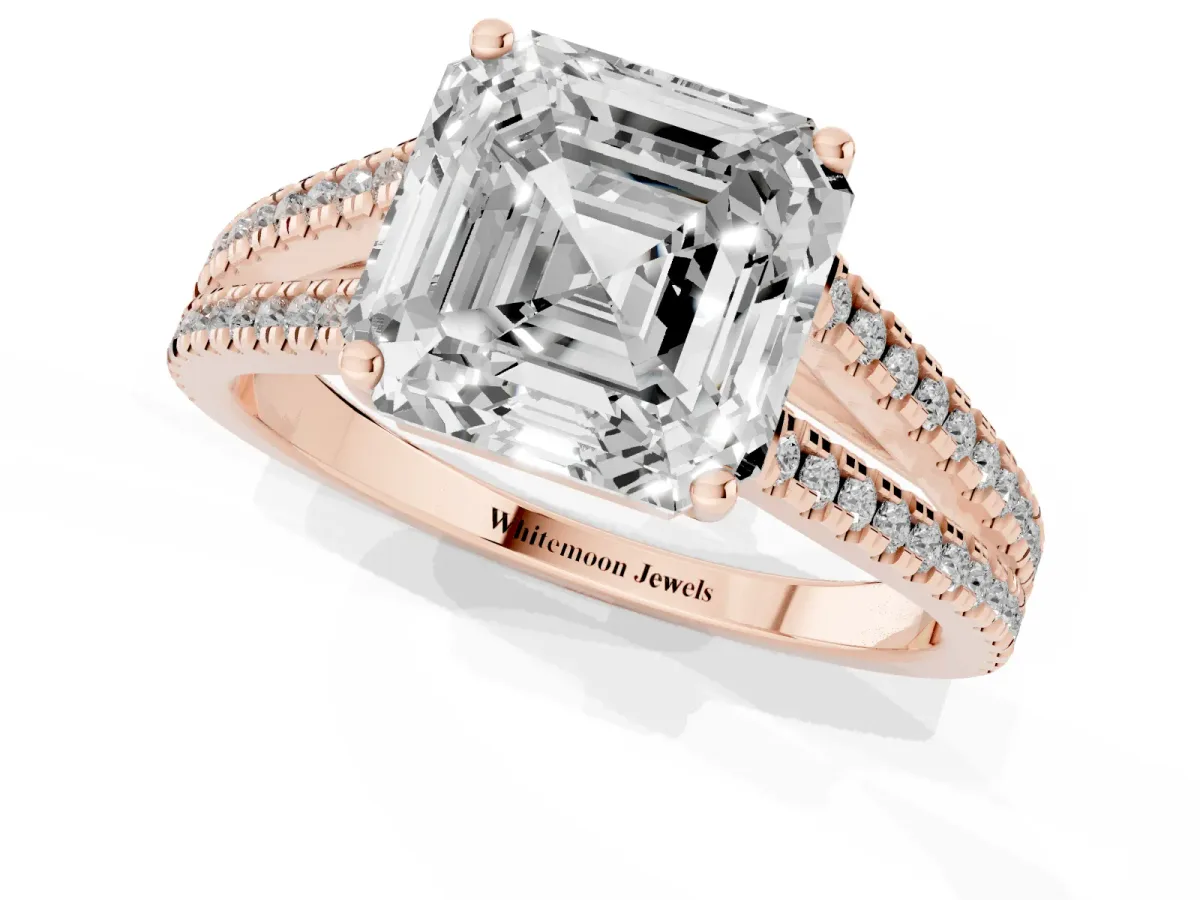 Asscher Cut Diamond Solitaire Engagement Ring with Split Shank Pavé Band Rose gold