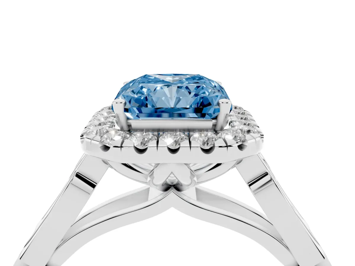 Fancy Blue Radiant Cut Halo Diamond Engagement Ring with Filigree Band and Four-Prong Setting Platinum