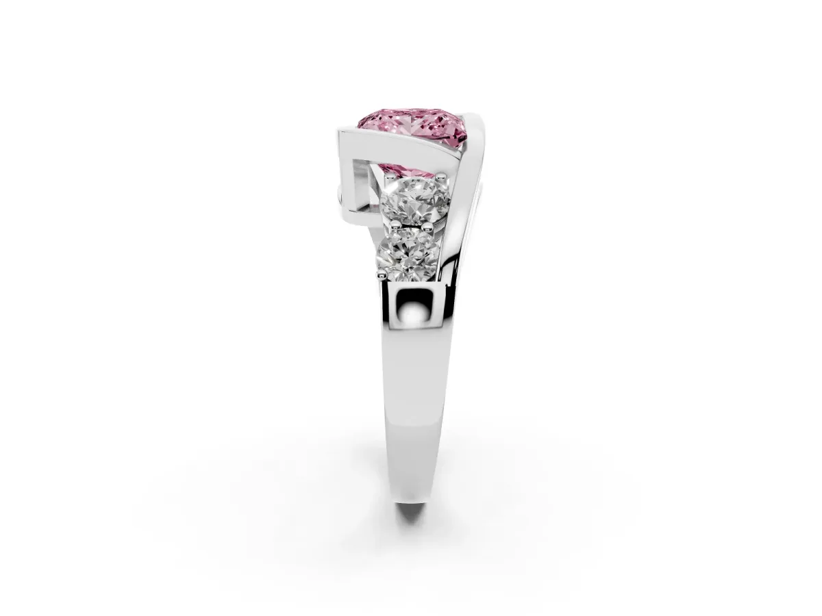 Fancy Pink Bezel Set Princess Cut Diamond Bypass Ring with Round Accents Silver