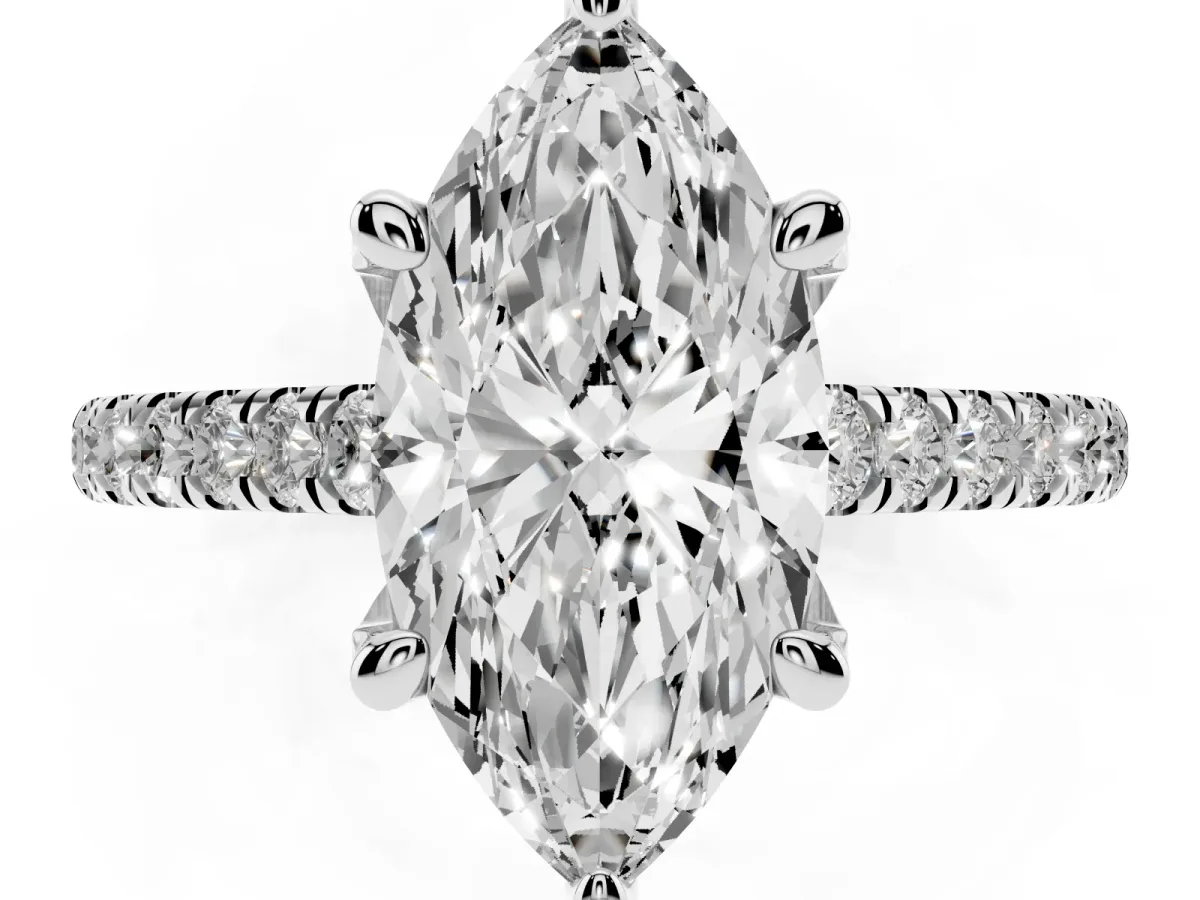 Marquise Cut Brilliant Diamond Solitaire with Pavé Band and Four-Prong Setting Silver