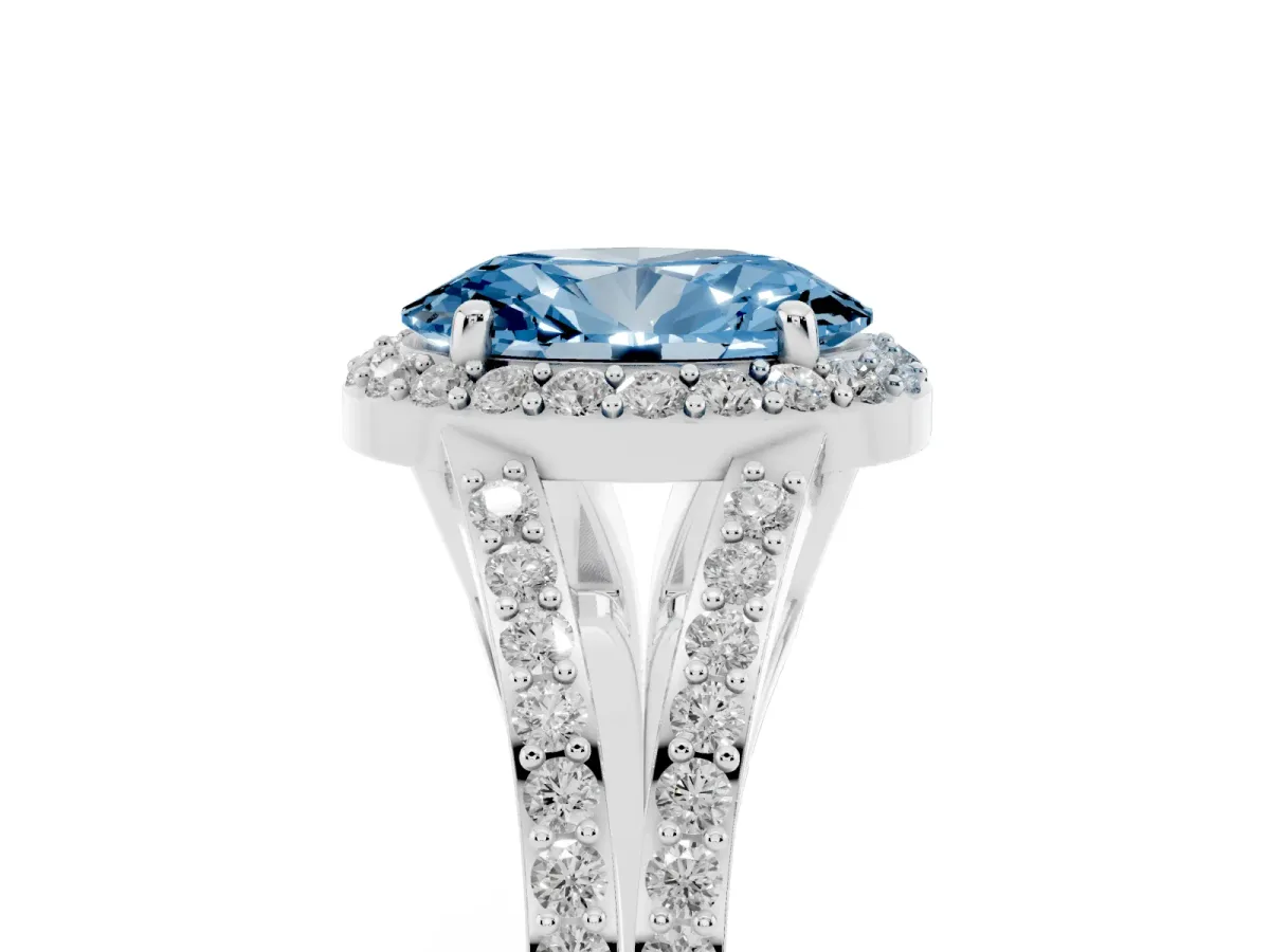 Fancy Blue Oval Cut Halo Split Shank Diamond Ring with Prong Setting Platinum