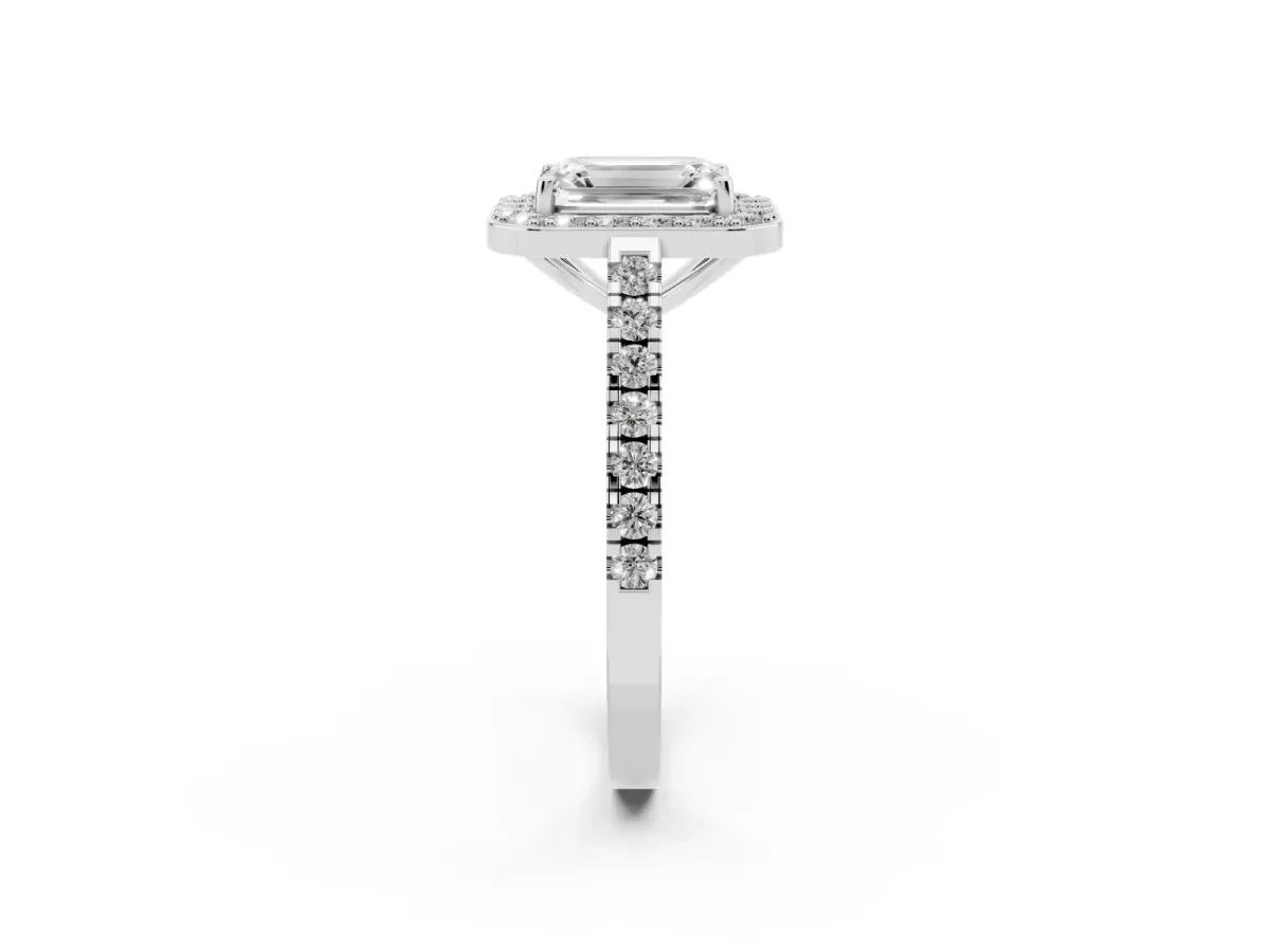 Emerald Cut Diamond Halo Ring with Round Pavé Split Shank and Prong Setting Silver