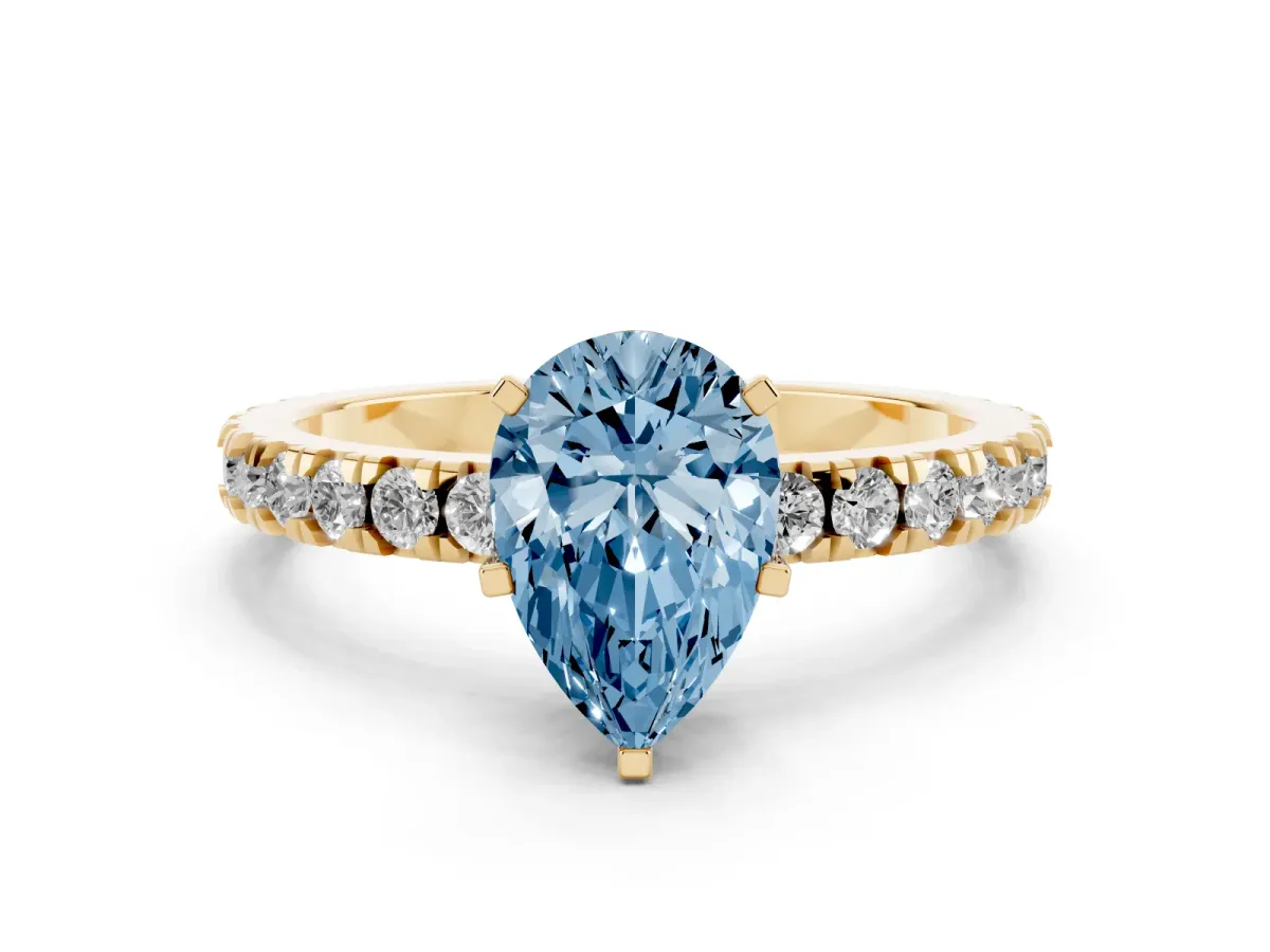 Fancy Blue Pear Cut Diamond Pavé Band Solitaire with Four-Prong Setting Yellow gold