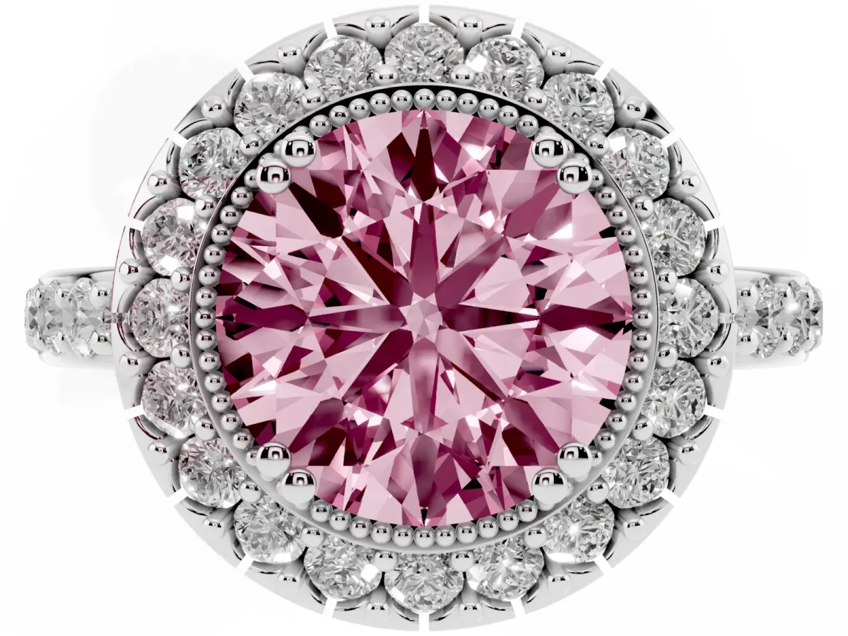 Fancy Pink Round Cut Diamond Halo Ring with Pavé Band and Prong Setting Silver
