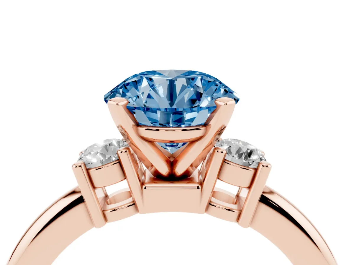 Fancy Blue Three-Stone Round Cut Cut Diamond Solitaire with Prong Setting and Classic Band Rose gold