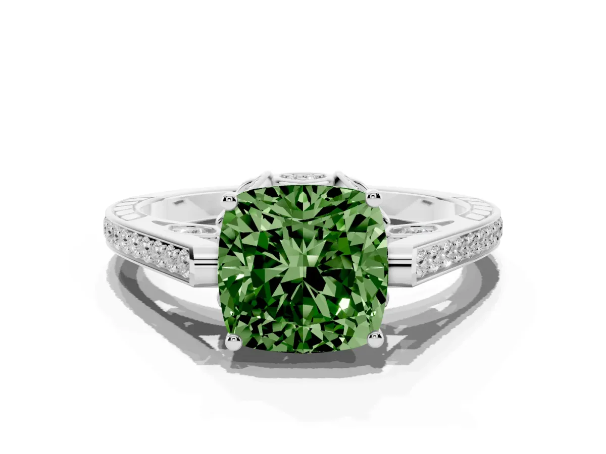 Fancy Green Cushion Cut Cut Cathedral Pave Diamond Engagement Ring with Six-Prong Setting Silver