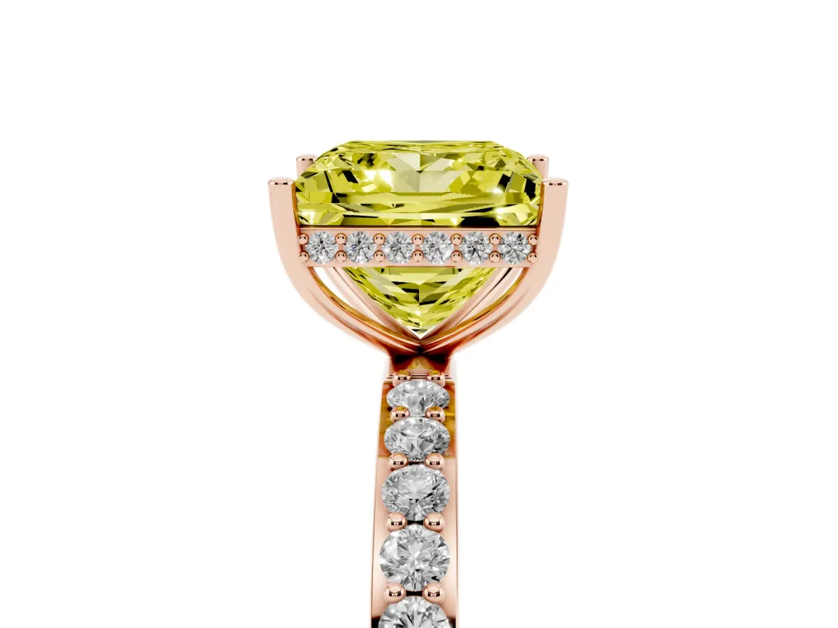 Fancy Yellow Princess Cut Diamond Solitaire Ring with Pavé Band and Hidden Halo Rose gold