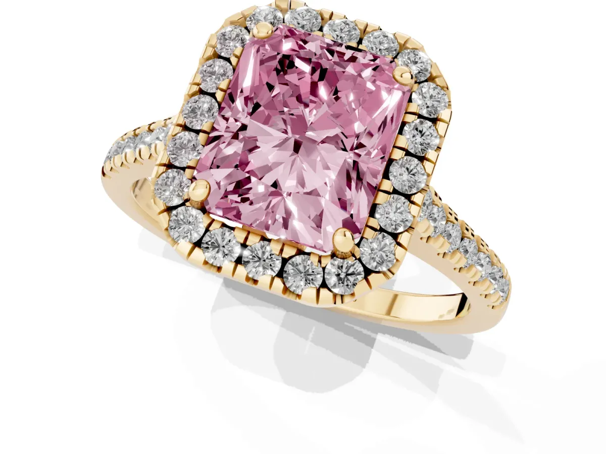 Fancy Pink Radiant Cut Diamond Cushion Halo Ring with Pavé Band Yellow gold