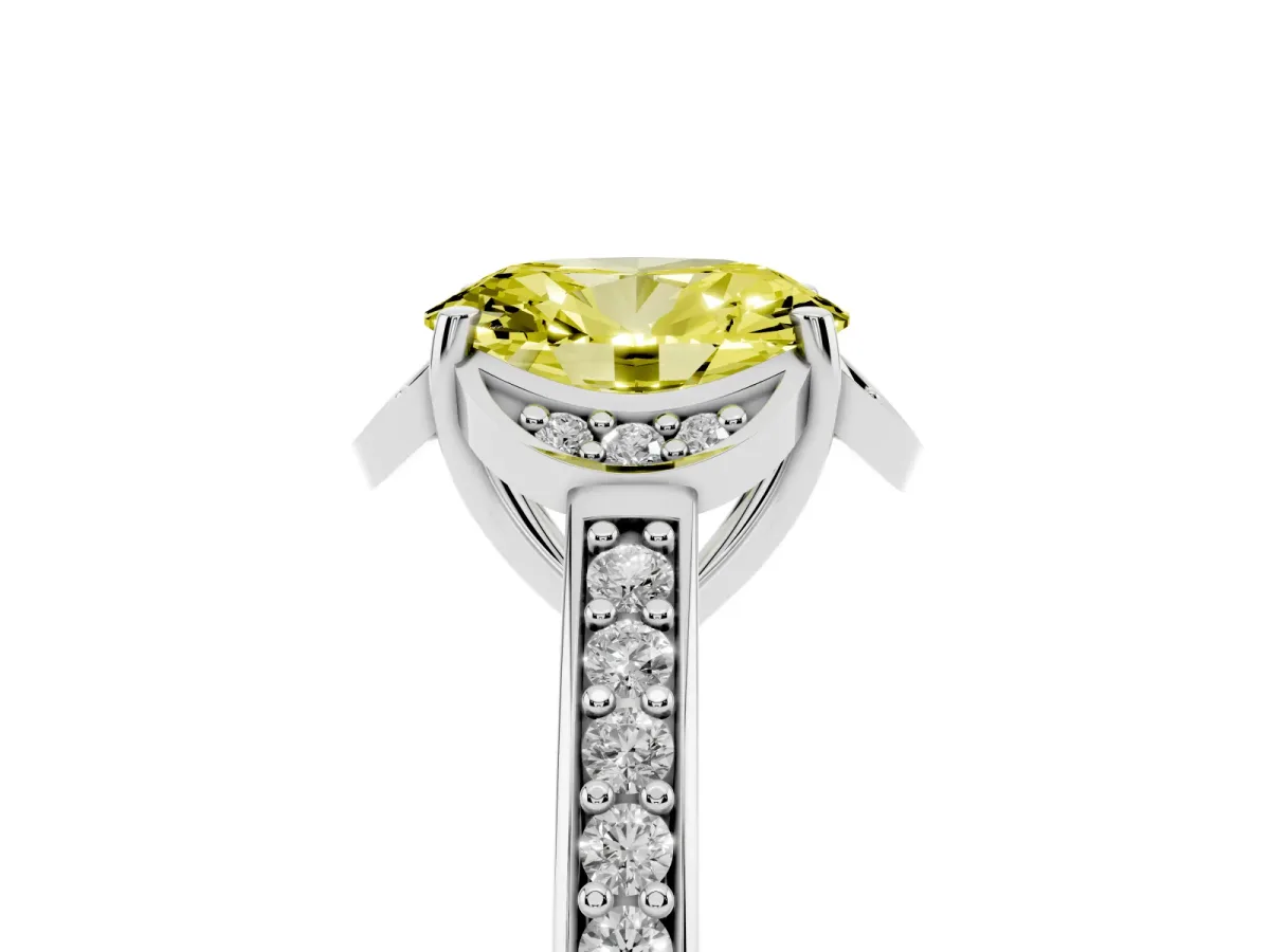 Fancy Yellow Oval Cut Cut Halo Diamond Ring with Channel Set Band and Four-Prong Setting Platinum