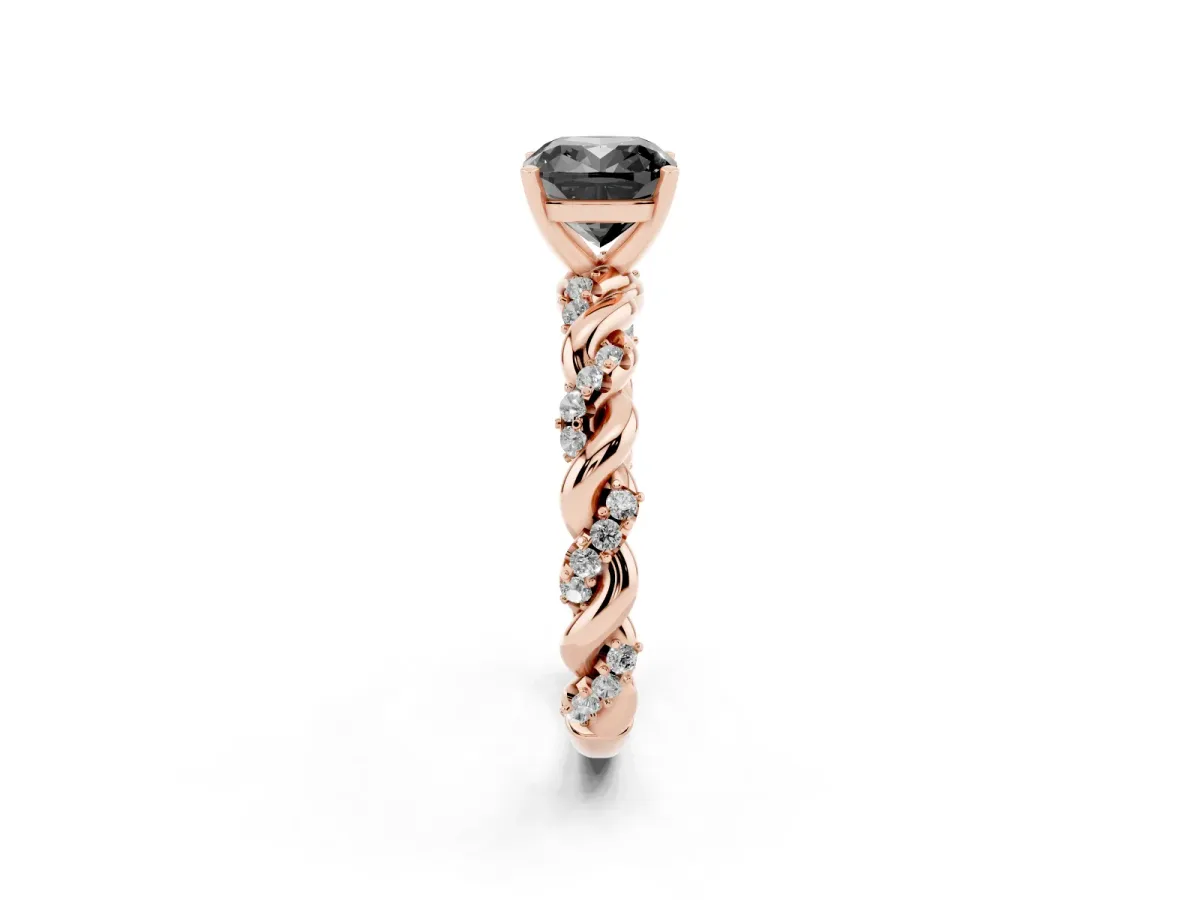 Fancy Black Cushion Cut Diamond Solitaire Ring with Twisted Band and Pavé Accents Rose gold