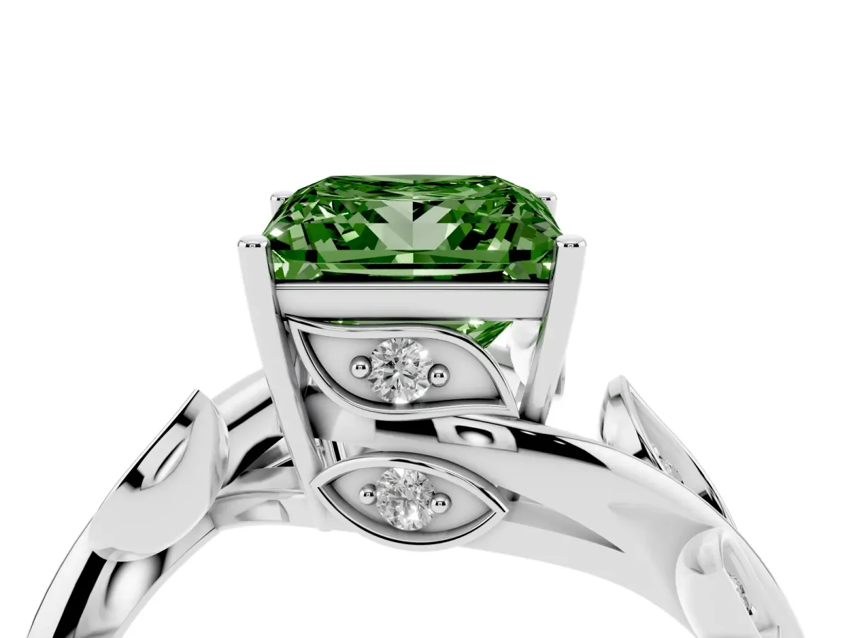Fancy Green Princess Cut Solitaire Twist Engagement Ring with Leaf Accents and Prong Setting Silver