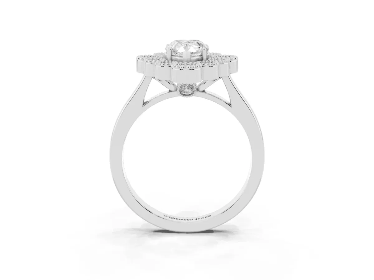 Pear Cut Halo Diamond Cluster Engagement Ring with Milgrain Bezel Setting and Solitaire Band Platinum