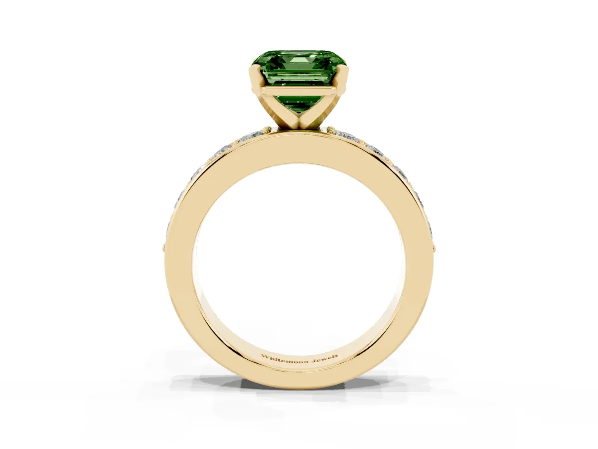 Fancy Green Asscher Cut Diamond Engagement Ring with Channel Set Round Band and Prong Setting Yellow gold