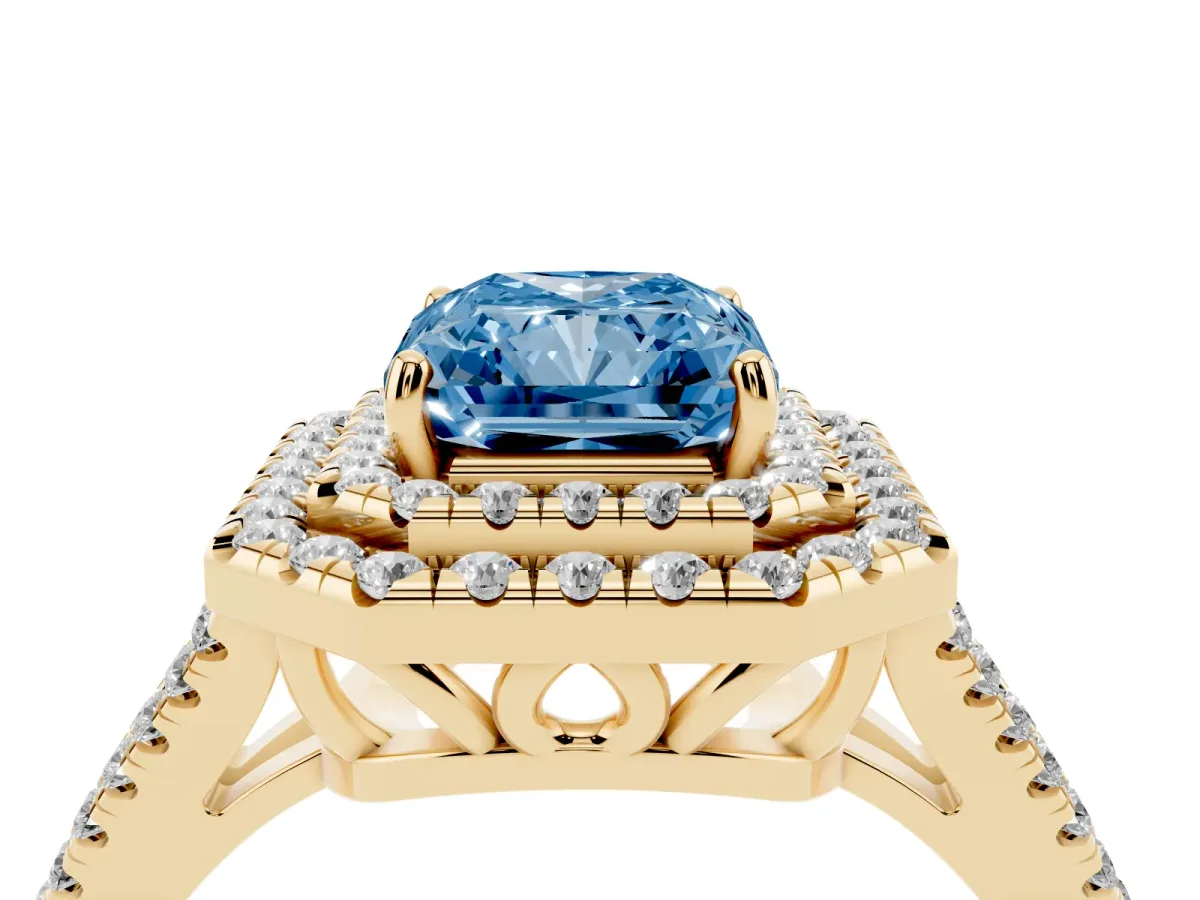 Fancy Blue Radiant Cut Diamond Double Halo Ring with Pavé Band and Prong Setting Yellow gold