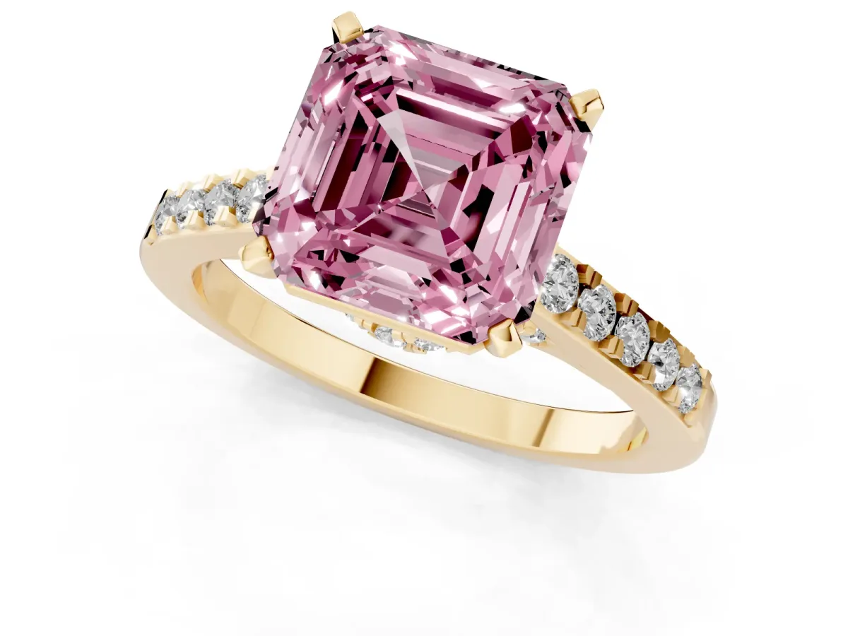 Fancy Pink Asscher Cut Diamond Solitaire Ring with Crossover Gallery and Round Pavé Band Yellow gold