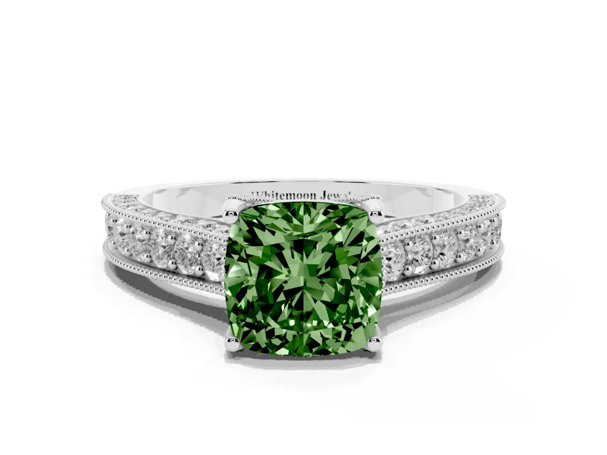 Fancy Green Cushion Cut Cut Diamond Solitaire Ring with Milgrain Pave Band and Four Prong Setting Silver