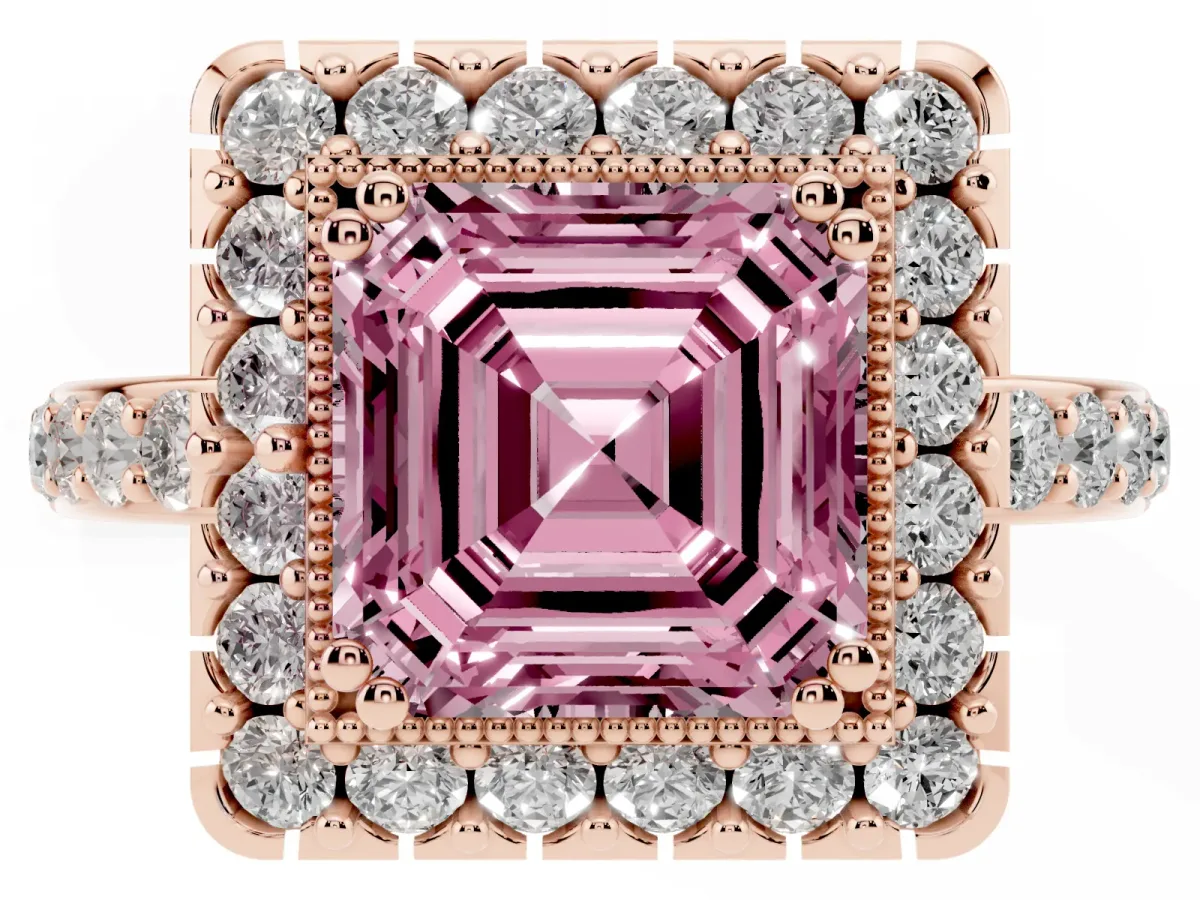 Fancy Pink Asscher Cut Diamond Halo Ring with Pavé Band and Prong Setting Rose gold