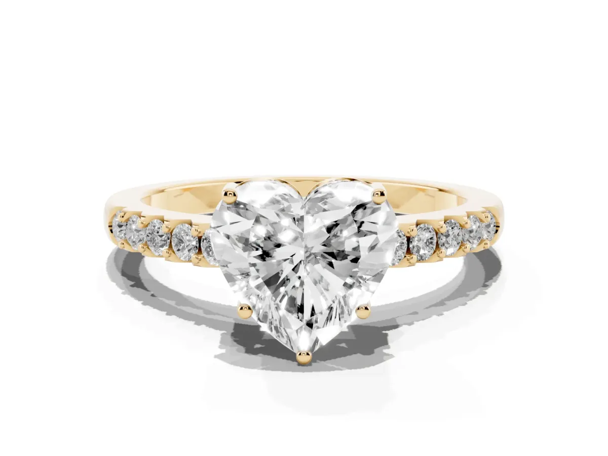 Heart Cut Solitaire Diamond Engagement Ring with Pavé Band and Six-Prong Setting Yellow gold